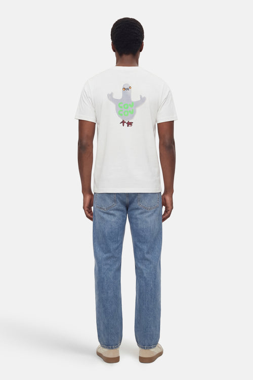 T-shirt blanc à manches courtes de ANTWRP, avec un motif de pigeon sur le dos.