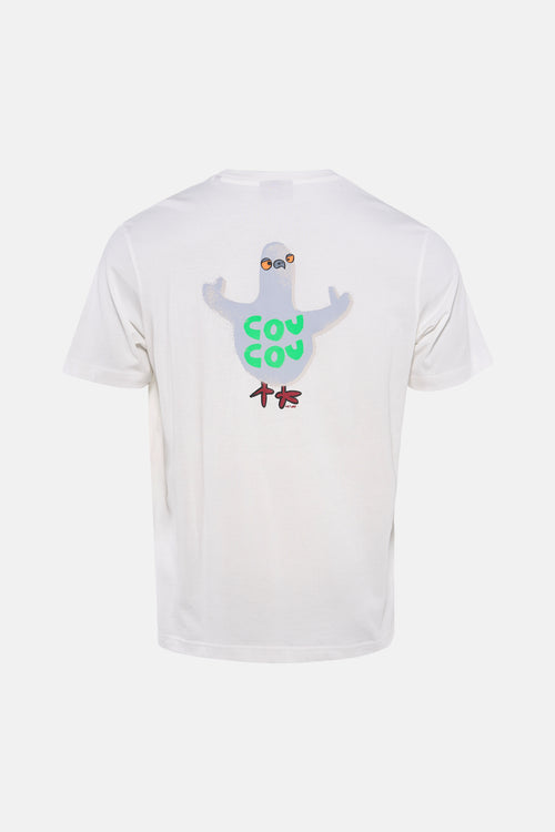 T-shirt à manches courtes blanc par ANTWRP, avec un dessin de pigeon au dos.