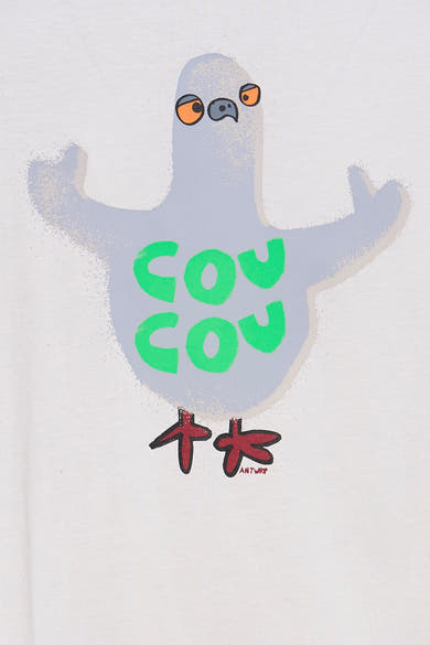 Wit T-shirt met korte mouwen van ANTWRP, met een grijs duivenmotief en groene belettering.