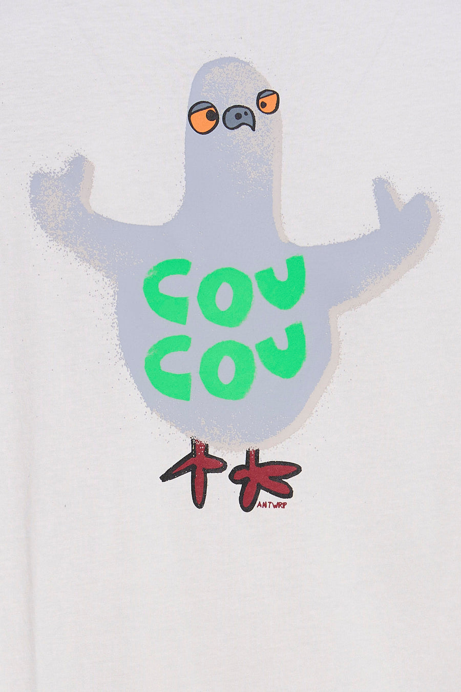 Wit T-shirt met korte mouwen van ANTWRP, met een grijs duivenmotief en groene belettering.
