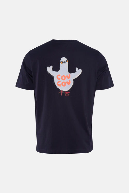 T-shirt à manches courtes bleu de ANTWRP, avec illustration d'un pigeon blanc dans le dos.