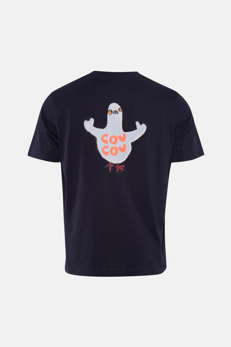 Blauwe T-shirt met korte mouwen van ANTWRP, met een illustratie van een witte duif op de rug.