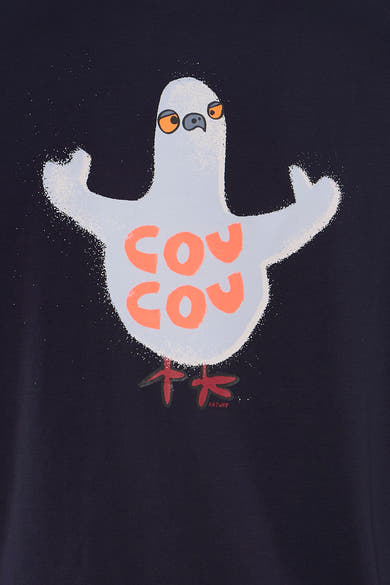 T-shirt à manches courtes bleu d'ANTWRP avec motif de pigeon et lettrage orange.