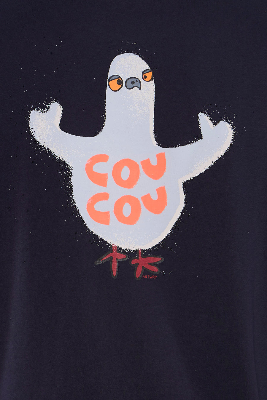 T-shirt à manches courtes bleu d'ANTWRP avec motif de pigeon et lettrage orange.