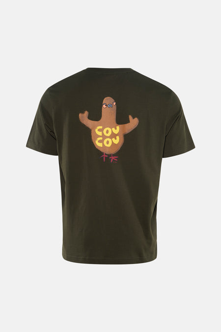 Kaki T-shirt met korte mouwen van ANTWRP, met een humoristisch duivenmotief op de rug.