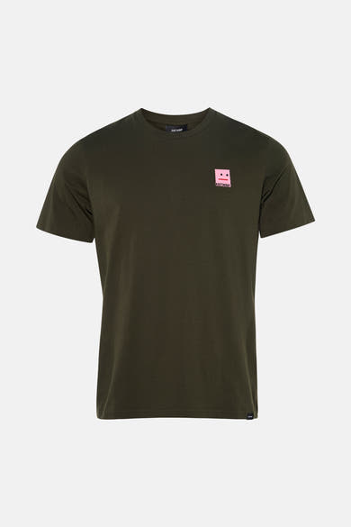 T-shirt à manches courtes kaki van ANTWRP, avec un motif carré rose sur la poitrine.