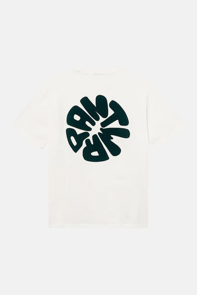 Ecru short-sleeve t-shirt with bold dark green circular logo print on back, flat lay view