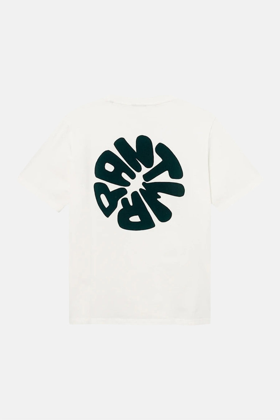 Ecru short-sleeve t-shirt with bold dark green circular logo print on back, flat lay view