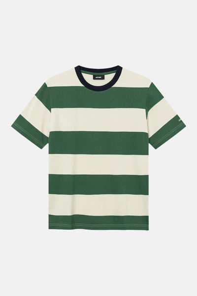 T-shirt à rayures vertes et écrues d'ANTWRP, avec col rond marine et manches courtes.