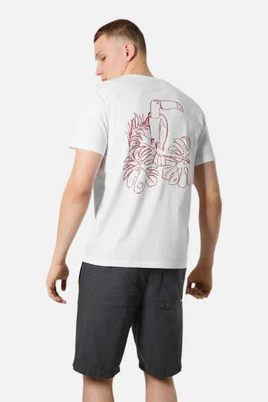 T-shirt blanc à manches courtes par ANTWRP avec motif toucan et feuilles tropicales au dos.