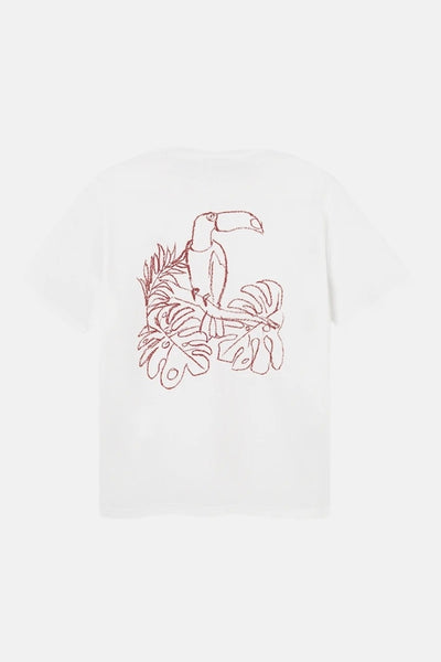 T-shirt blanc à manches courtes par ANTWRP, avec un dessin de toucan et des feuilles tropicales au dos.