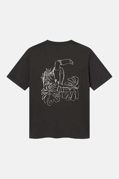 T-shirt noir à manches courtes d'ANTWRP avec un motif toucan et feuilles tropicales au dos.
