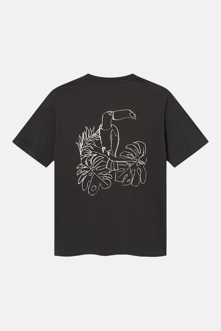 T-shirt noir à manches courtes d'ANTWRP avec un motif toucan et feuilles tropicales au dos.
