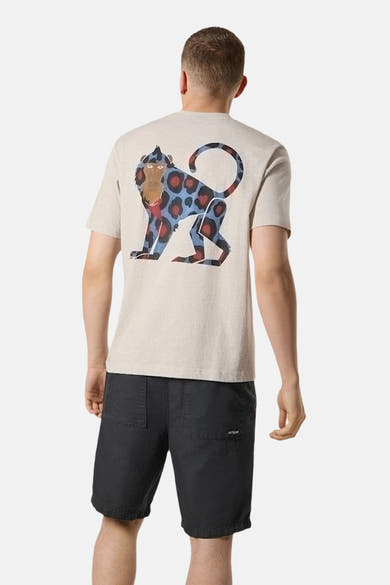 T-shirt beige à manches courtes d'ANTWRP, avec imprimé de singe stylisé sur le dos.