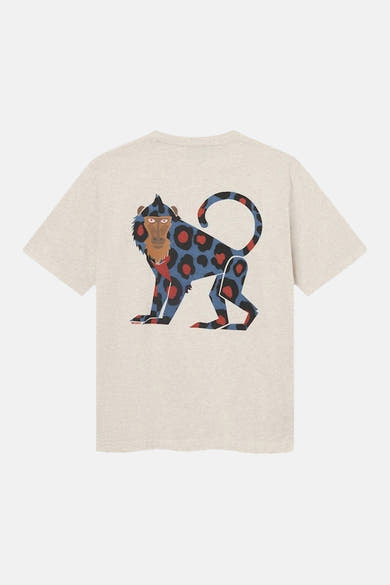 T-shirt beige à manches courtes d'ANTWRP avec un motif de singe léopard sur l'arrière.