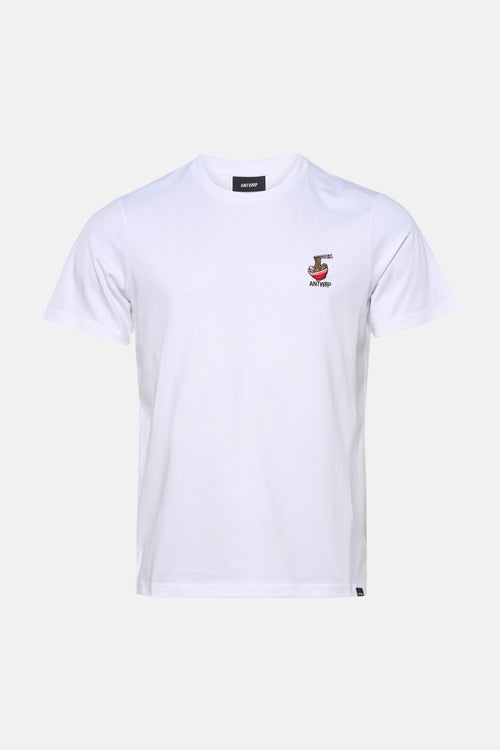 T-shirt blanc à manches courtes de ANTWRP, avec un motif de bol de ramen brodé.