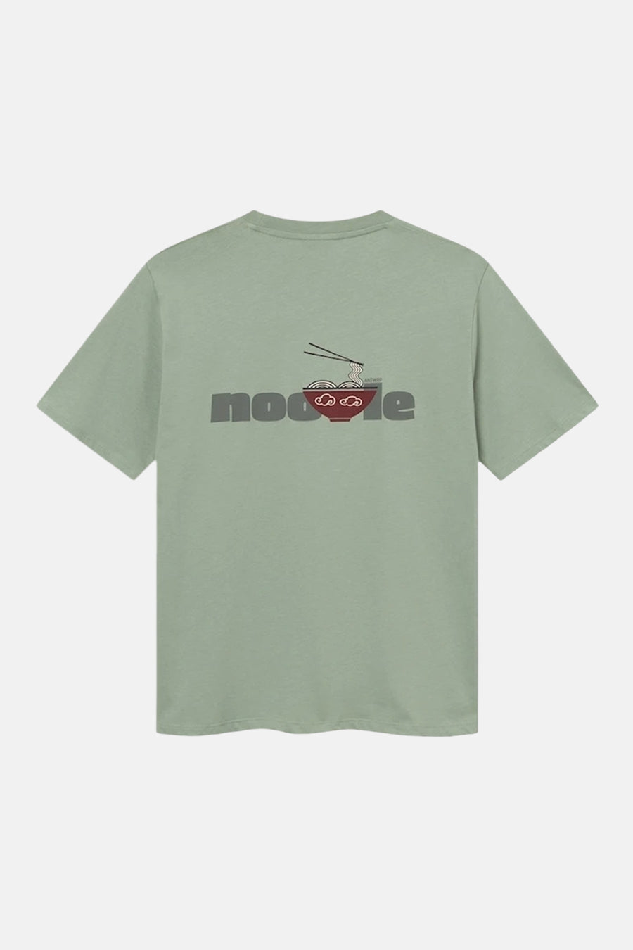 T-shirt à manches courtes vert de ANTWRP, avec un motif de bol de nouilles et l'inscription "noodle" au dos.