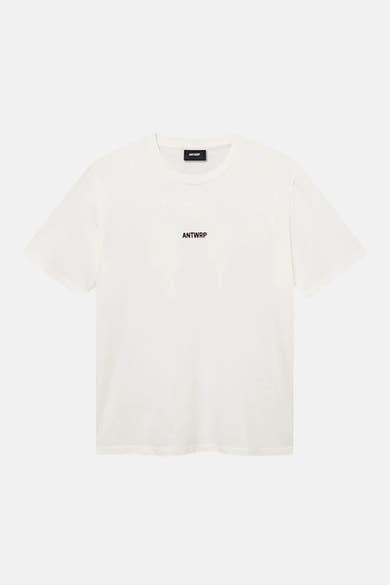 Ecru short-sleeve t-shirt by ANTWRP with small black logo on chest, plain front view