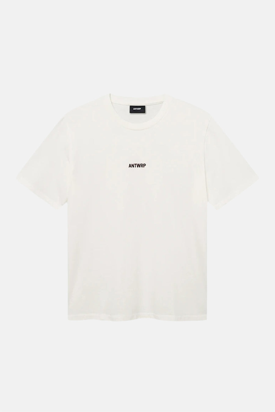 Ecru short-sleeve t-shirt by ANTWRP with small black logo on chest, plain front view