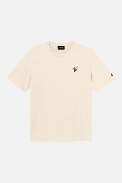 Ecru short-sleeve t-shirt by Antwerp with small embroidered deer on chest and sleeve, crew neck, flat lay front view
