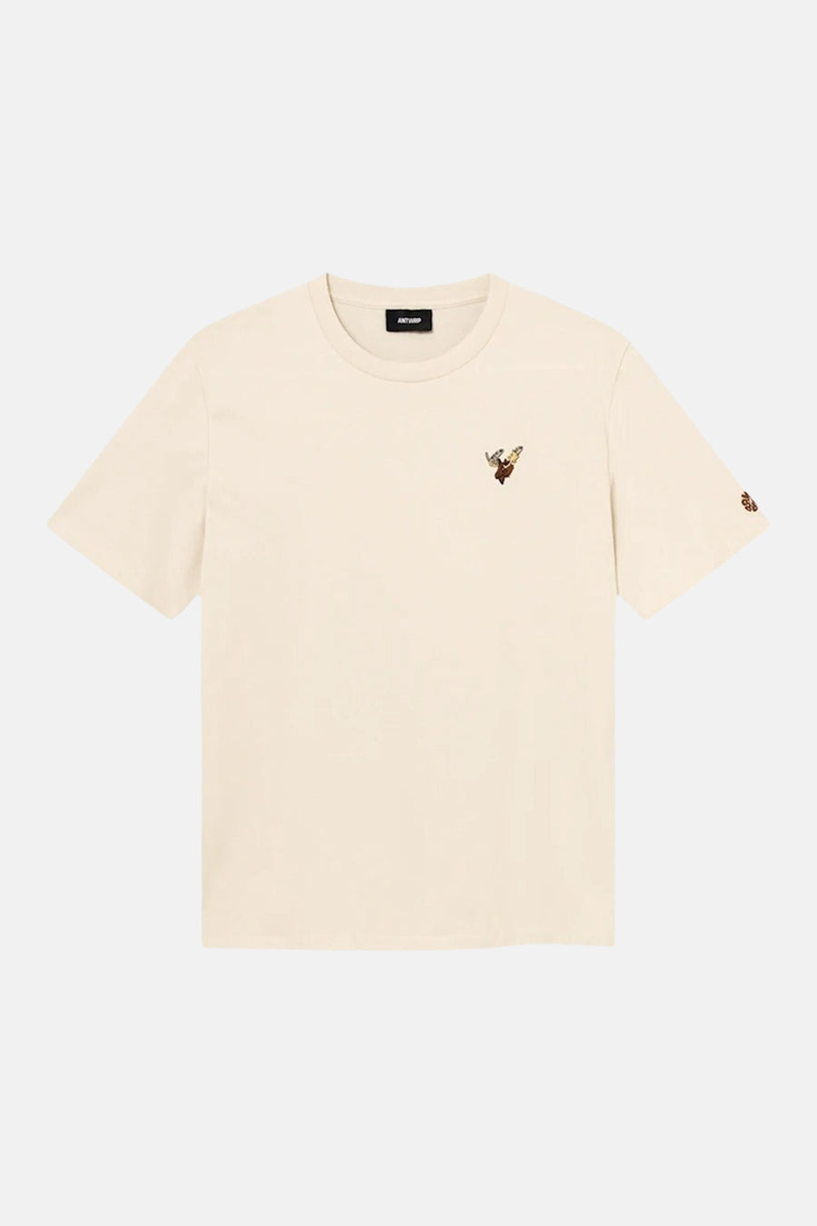 Ecru short-sleeve t-shirt by Antwerp with small embroidered deer on chest and sleeve, crew neck, flat lay front view