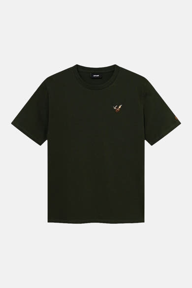 Dark green short-sleeve t-shirt by Antwerp with small embroidered deer on chest and matching sleeve patch, front view.