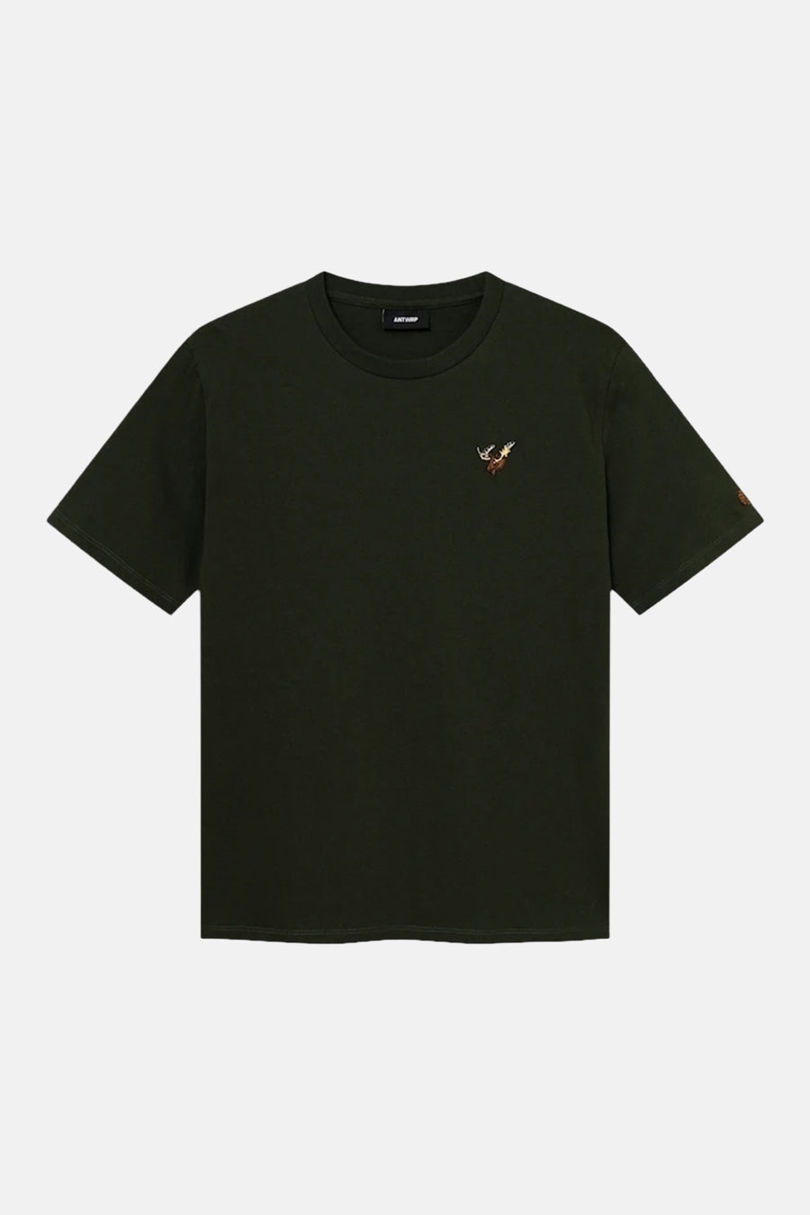 Dark green short-sleeve t-shirt by Antwerp with small embroidered deer on chest and matching sleeve patch, front view.