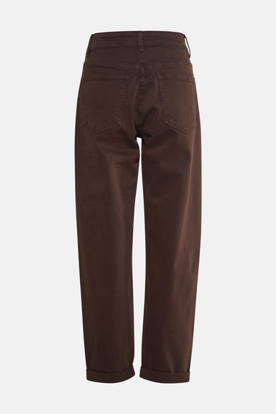 Gekleurde bruine jeans van AMELIE ET AMELIE, met achterzakken en omgeslagen zoom, achterzicht.