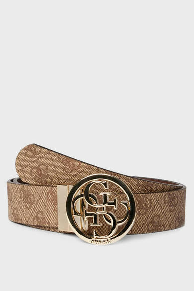Ceinture marron en motif logo par Guess avec boucle dorée ornée du logo.
