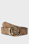 Ceinture marron en motif logo par Guess avec boucle dorée ornée du logo.
