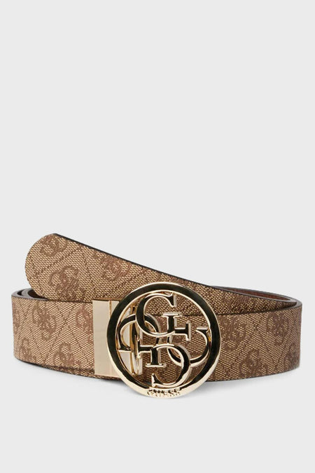 Ceinture marron en motif logo par Guess avec boucle dorée ornée du logo.
