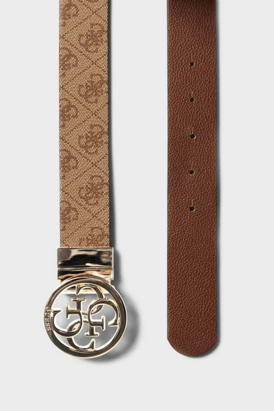 Ceinture réversible marron et beige Guess avec motif logo ton sur ton et boucle dorée.