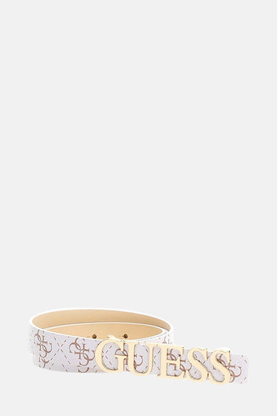 Roze riem met logoprint, van Guess, met gouden letters die de merknaam vormen.