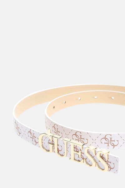 Roze riem met patroon, van Guess, met de gouden merknaam die de gesp vormt.