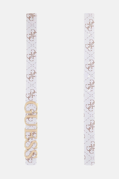 Ceinture rose à motif logo, de Guess, avec lettres dorées formant le nom de la marque.