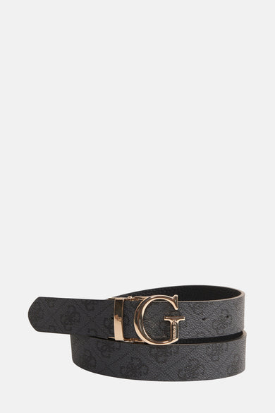 Zwarte riem met klauwpatroon van Guess, met een gouden G-vormige gesp.