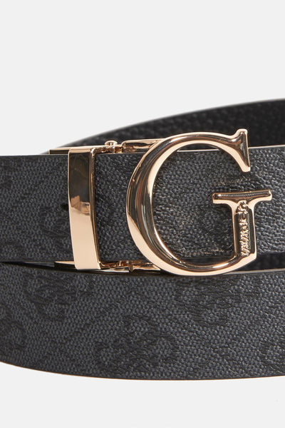 Zwarte Guess-riem, met gouden monogramgesp, all-over print.