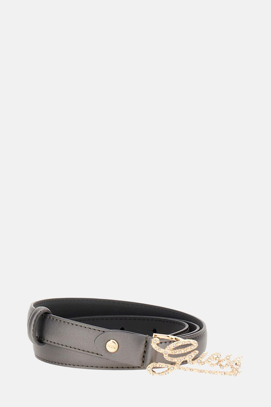 Grijze Guess riem met decoratieve gouden strass-inscriptie.