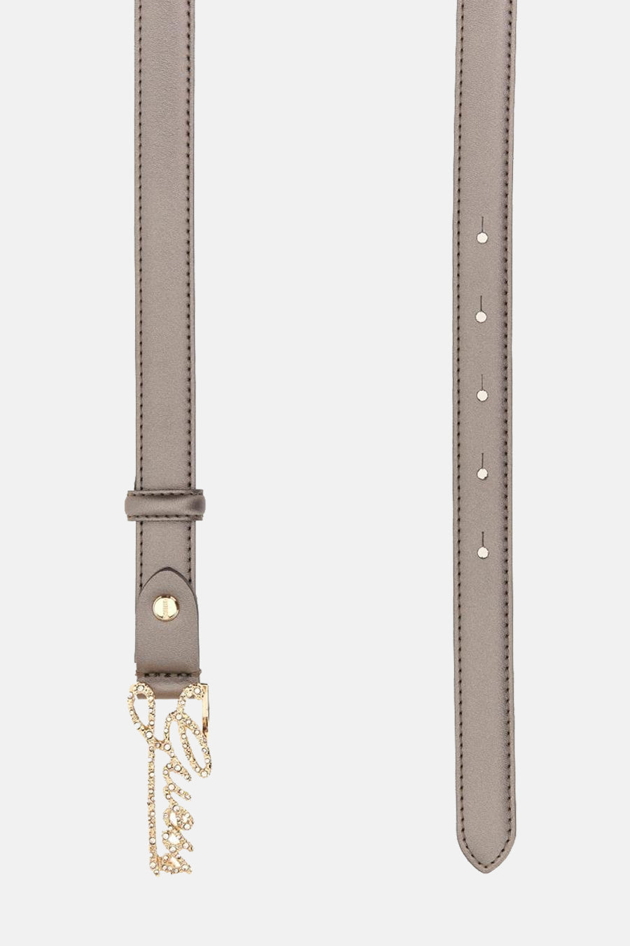 Ceinture grise de Guess avec inscription décorative en strass dorés.