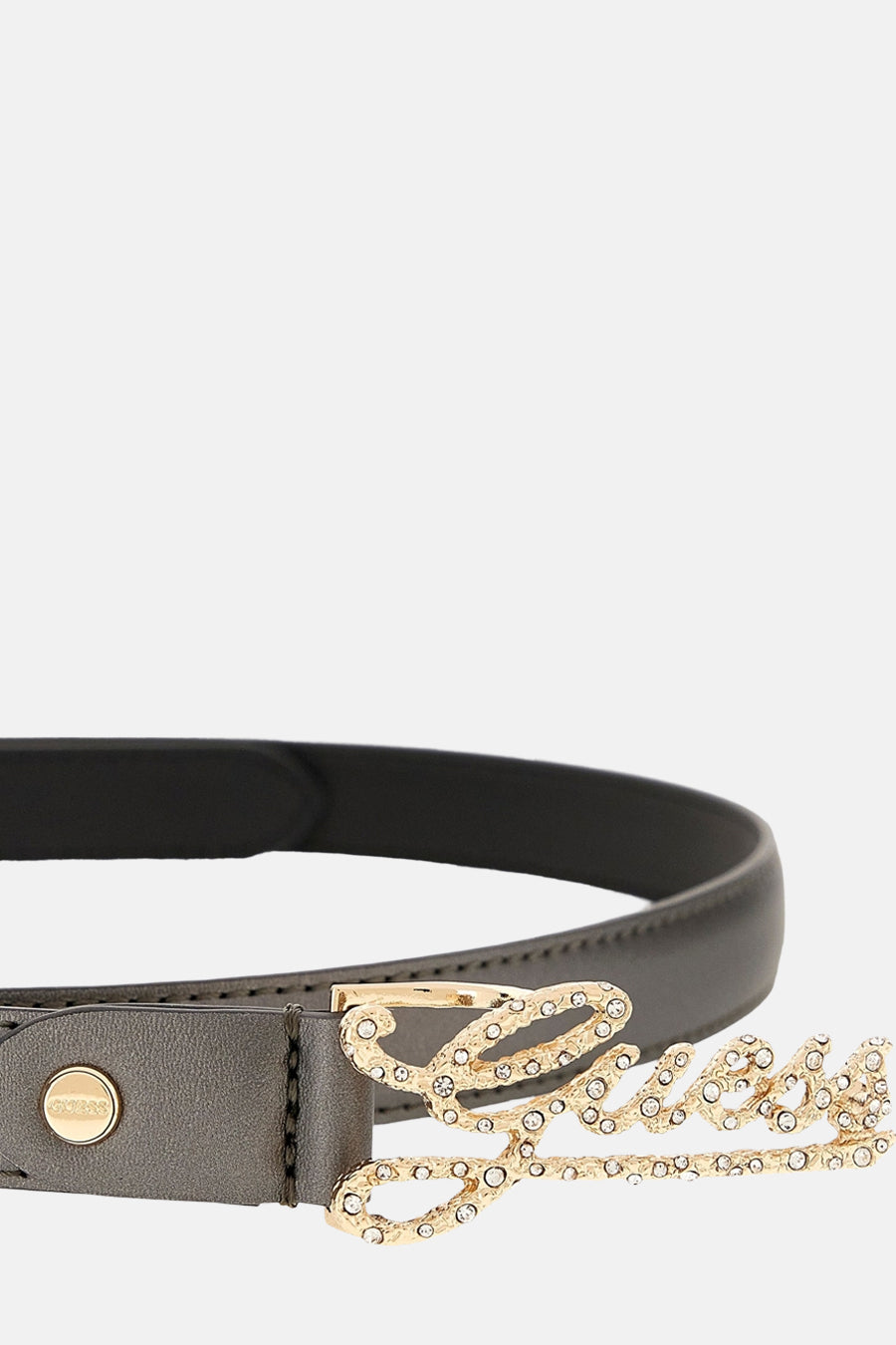 Grijze Guess riem met een gouden gesp bezet met strass in de vorm van een logo.