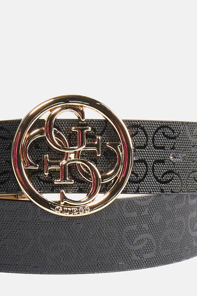 Multikleurenriem van Guess, met een gouden gesp versierd met het logo en een all-over toon-op-toon patroon.