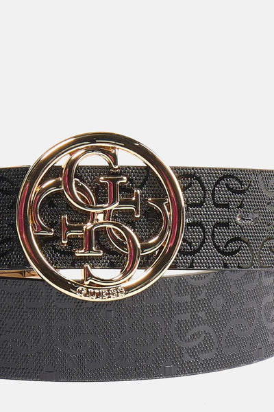 Multikleurenriem van Guess, met een gouden gesp versierd met het logo en een all-over toon-op-toon patroon.