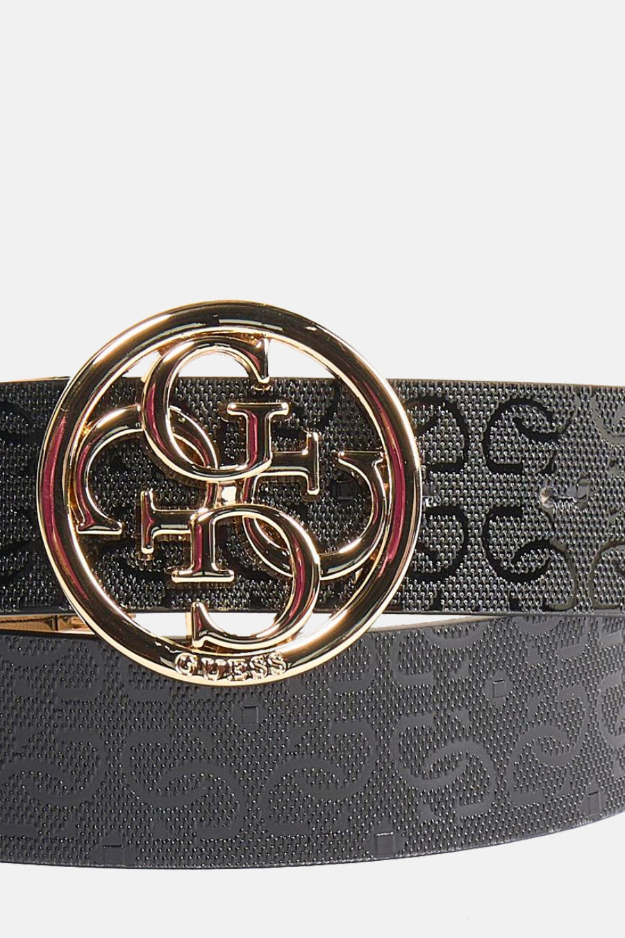 Ceinture multicolore de Guess, avec boucle dorée ornée du logo et motif ton sur ton sur toute la surface.

