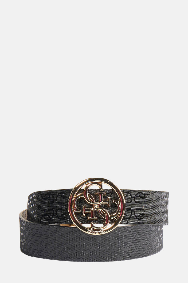 Multikleurenriem van Guess met gouden logo, all-over patroon en kenmerkende gesp.