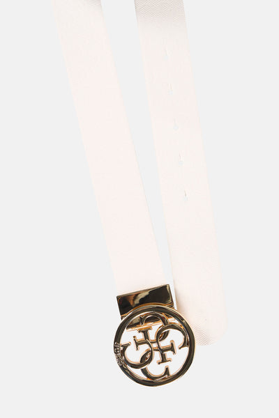 Ceinture multicolore de Guess avec boucle ronde dorée, motif monogrammé imprimé sur toute la surface.