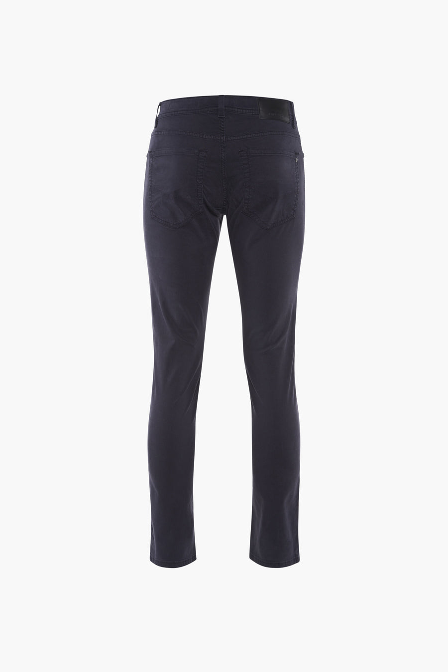 Blauwe broek van PIERRE CARDIN, achterkant, met zakken en leren etiket in de taille.