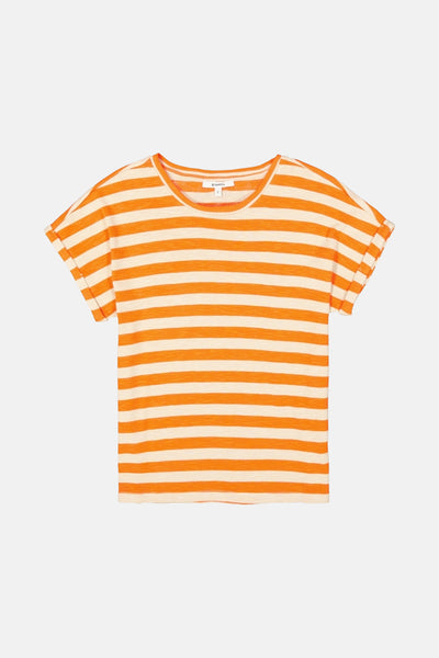 T-shirt orange à rayures, de GARCIA, avec des manches courtes roulottées et un col rond.
