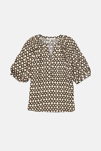Multikleurige blouse van GARCIA, met een zwart en beige ruitpatroon, driekwart pofmouwen.