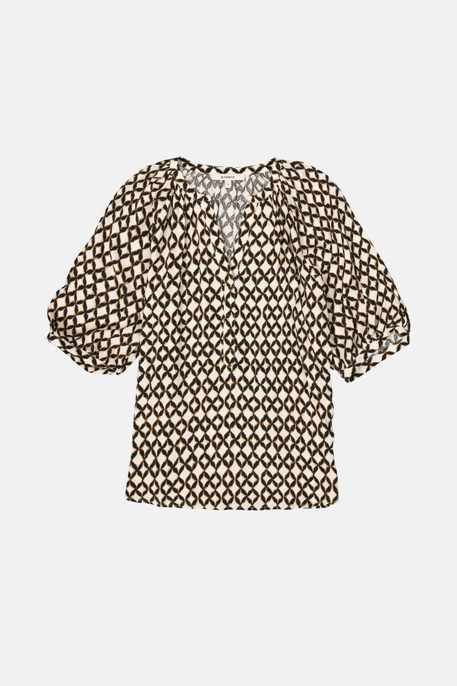 Multikleurige blouse van GARCIA, met een zwart en beige ruitpatroon, driekwart pofmouwen.