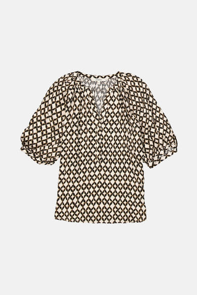 GARCIA meerkleurige 3/4-mouwen blouse, zwart en beige geometrisch patroon.